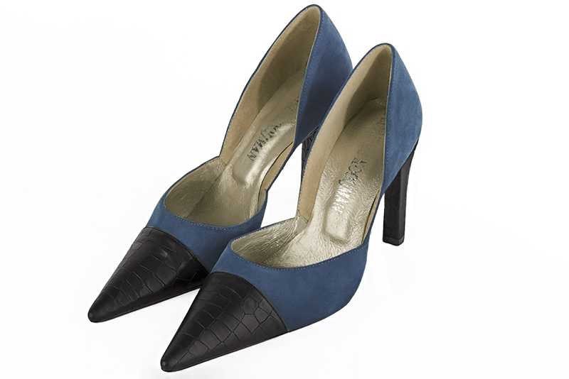 Satin black and denim blue women's open arch dress pumps. Pointed toe. Very high slim heel. Front view - Florence KOOIJMAN